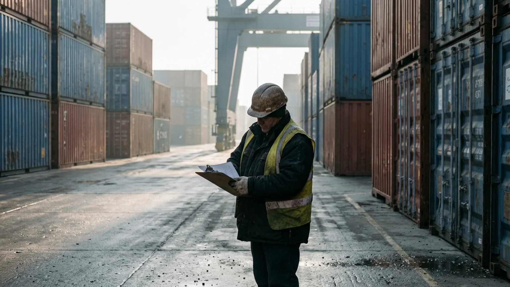 Shipping containers stacked at a port terminal at dawn, with a dock worker in a high-visibility vest checking a clipboard beside a crane leg